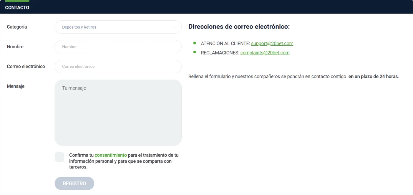 20Bet Casino Atención al Cliente